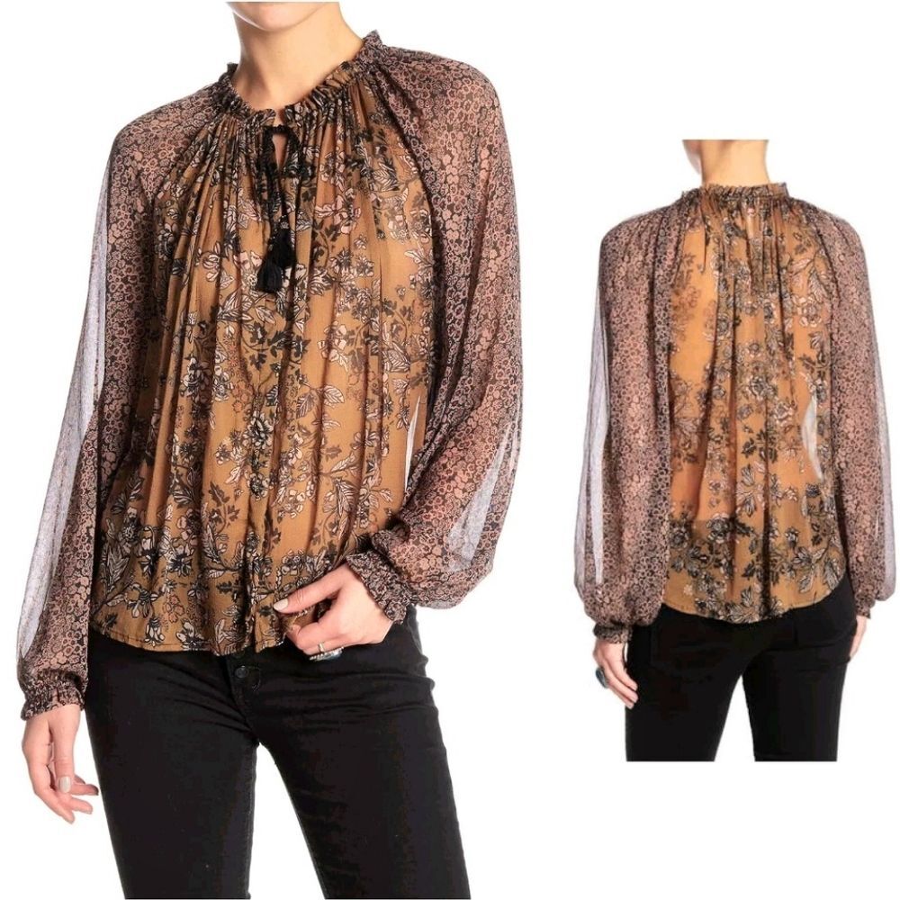 Free People Hendrix Floral Split Neck Tassel Ties Blouse Boho Tunic M